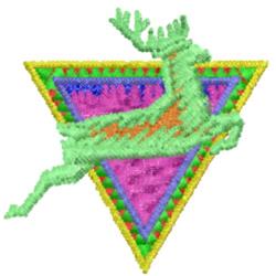 Vibrant green deer leaps against a colorful triangular backdrop, showcasing geometric patterns in playful shades.