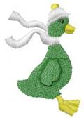 Playful green duck wearing a white winter hat and scarf, striking a lively pose, perfect for seasonal designs.