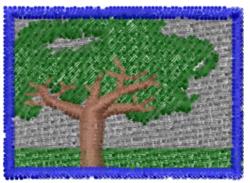 Vibrant tree with a green canopy and brown trunk, framed by a blue border on a gray backdrop.