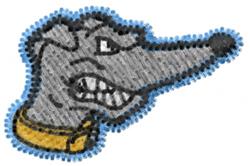 Cartoonish greyhound head with an aggressive expression, blue outline, and yellow collar, perfect for embroidery.