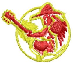 Vibrant applique guitar player in bold red and yellow, joyfully strumming within a circular outline.
