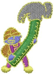 Playful cartoon character with a hammer, bright purple clothing, and a yellow hat, perfect for children's themes.