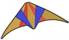 Colorful hang glider in yellow, blue, and red with black outlines, showcasing a dynamic geometric design.