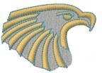 Stylized hawk head with intricate feathers and sharp contours in gray and yellow, highlighting its fierce gaze.