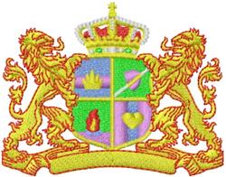 Detailed heraldic crest with two golden lions, colorful divided shield, and a crown, perfect for vibrant embellishments.