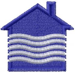 Modern house silhouette in deep blue with white waves, featuring a gabled roof and chimney.