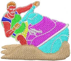 Colorful jet ski adventure featuring a person in action amid splashes of water, perfect for summer beach themes.