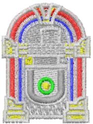 Colorful jukebox design featuring red, blue, and green accents with a silver background, perfect for retro home decor.