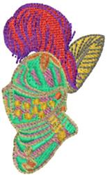 Vibrant knight helmet in red, green, and purple featuring playful intricate details, perfect for machine embroidery.