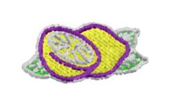 Colorful lemon applique design featuring vibrant yellow fruit with purple outlines on green leaves.