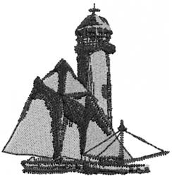 Sketch of a lighthouse beside a sailboat with billowing sails, showcasing a nautical theme.
