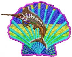 Applique marlin fish leaps over a colorful seashell, showcasing vibrant blue, green, and purple tones.