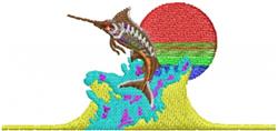 Vibrant marlin fish leaps over stylized waves with a colorful sunset backdrop, perfect for beach-themed décor.