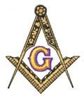 Masonic symbol featuring a compass and square in rich gold and brown, with a purple letter G at the center.