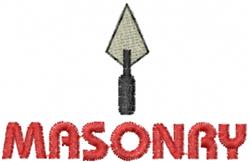 Masonry trowel in silver and black above bold red 'MASONRY' text, clean and modern design.