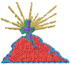 Mountain cross design for Easter with red mountain, colorful cross, and golden sun rays. Bold and vibrant.