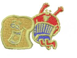 Playful muffin character with arms and legs in vibrant colors beside a smiling toast slice, perfect for kids' designs.