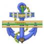 Vibrant blue anchor with a green rope and golden crossbar in a playful nautical style.