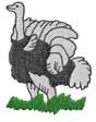Cartoonish ostrich in gray and white tones, wearing a black covering, stands on vibrant grass in a playful style.
