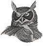 Realistic owl portrait featuring intricate feathers and striking eyes in shades of black and gray.
