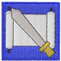 Parchment scroll and sword with golden handle on vibrant blue background, cartoonish style for fantasy theme.