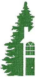 Whimsical pine tree with layered branches beside a door with a window and a festive gift box for Christmas.