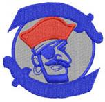 Cartoon pirate character with a red hat and eye patch against a blue background, featuring crossed swords and a blue banner.