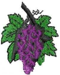 Applique cluster of vibrant purple grapes with textured details and rich green leaves, outlined in black.