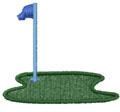 Putting green with vibrant grass, blue flag, and hole, designed in a simple and playful style.