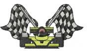 Vibrant yellow race car with black and white checkered flags, playful and energetic design for racing events.