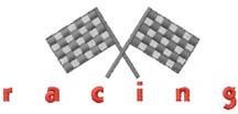 Racing flags design features two crossed checkered flags in grey and bold red 'racing' text, sporty look.