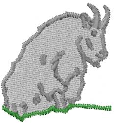 Cartoonish ram resting on green grass, featuring gray fur and distinct horns, perfect for kids.