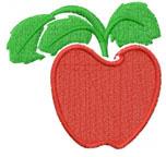 Cartoon red apple with a smooth texture, topped with vibrant green leaves, perfect for casual embroidery.