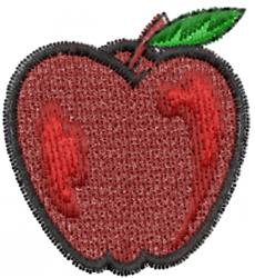 Playful red apple with a green leaf, textured finish, outlined in black, ideal for embroidery.