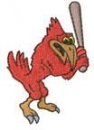 Playful cartoon-style red bird holding a baseball bat with yellow accents, perfect for sports-themed embroidery.