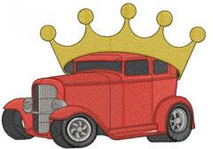 Cartoon vintage car in bright red with intricate wheels, topped by a whimsical yellow crown, showcasing playful charm.