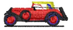 Cartoonish red car with yellow and blue accents, bold outline and round features; playful design ideal for embroidery.