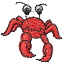 Playful red crab with large black-clad eyes and prominent claws, outlined in black for a whimsical touch.