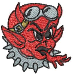 Cartoonish red devil with vintage goggles and spiked collar, featuring an angry expression. Playful and colorful.