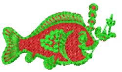 Playful cartoon fish in red with green accents, featuring bubble-like shapes in a vibrant design.