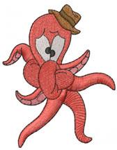 Playful red octopus with big eyes and a brown hat. Perfect for children's projects and vibrant machine embroidery.