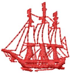 Red outline sailing ship with three tall sails, featuring a simplistic design and bold silhouette in a nautical theme.
