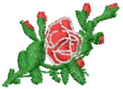 Vibrant red rose with intricate detailing, green leaves, and buds in a lively design.