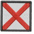 Geometric flag design featuring a bold red X with a thin black border on a white background.