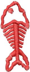 Redwork fish skeleton with simplified anatomical details, whimsical style, and bold red embroidery.