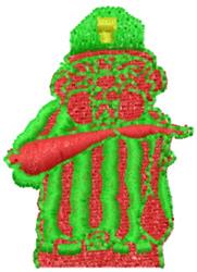 Cartoon referee with a green hat and red whistle, dressed in a vibrant striped outfit.