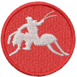 Playful depiction of a rider on a bug with white outline on a vibrant red background. Simple and whimsical design.