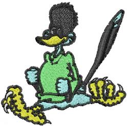 Cartoonish roadrunner character with a green top, large yellow feet, and expressive face, playfully sitting on a cloud.