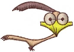 Playful roadrunner with large round eyes, vibrant yellow beak, and outstretched wings in cartoon style.