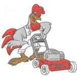Cartoon rooster in white overalls playfully engaging with a red and gray lawn mower in a whimsical style.